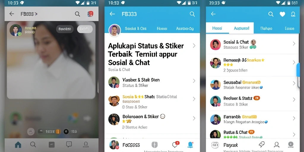 Tampilan utama aplikasi FB333 dengan stiker dan status yang menarik.