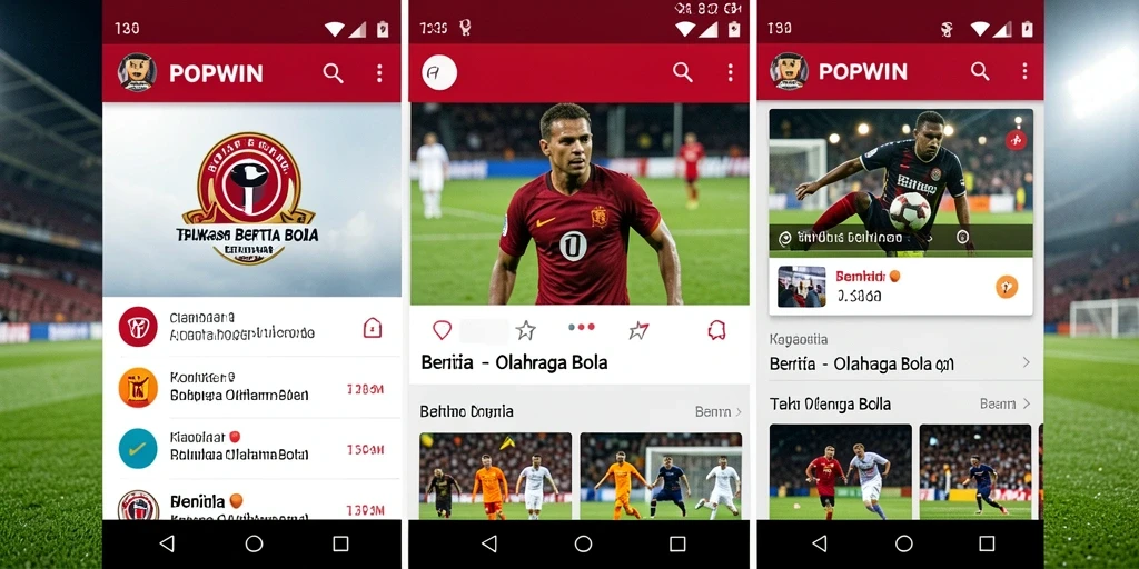 Screenshot aplikasi POPWIN menampilkan berita dan statistik olahraga bola.