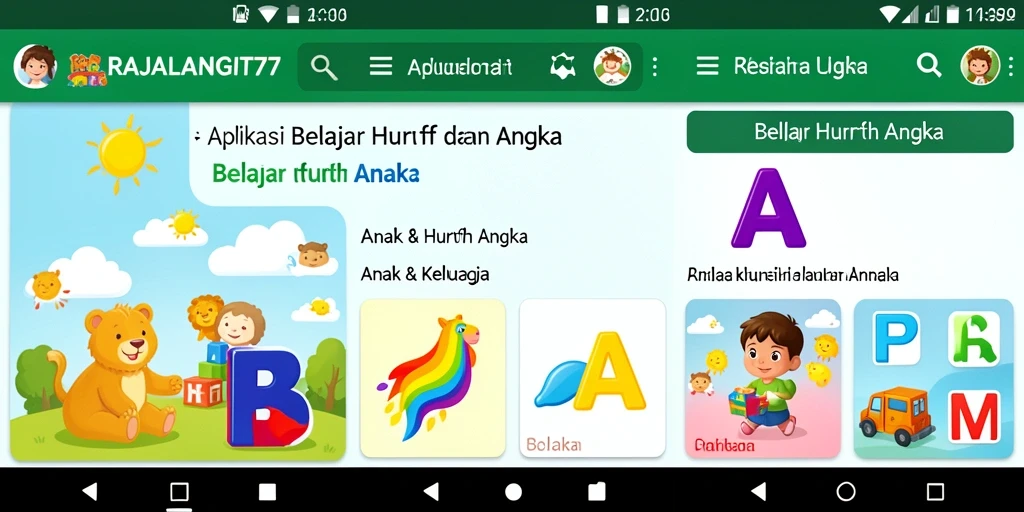 Tampilan antarmuka RAJALANGIT77 untuk belajar huruf dan angka.